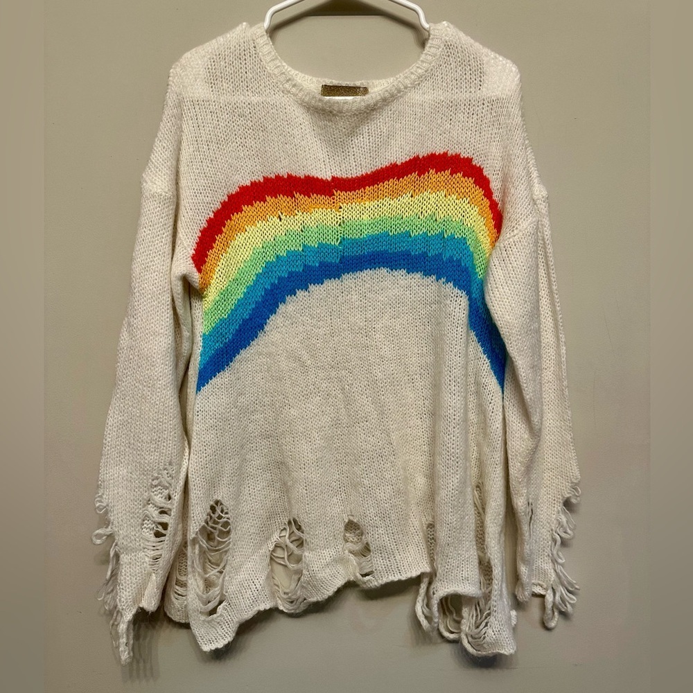 RARE Wildfox Cream Sweater with Rainbow Design XS